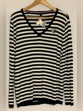NWT Striped V-Neck Knit Sweater, Black/White Long Sleeve Pullover w/ Rhinestones